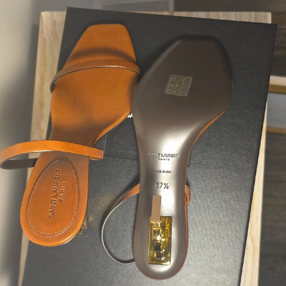 Saint Laurent Brown Leather YSL Logo Heel Sandal - Picture 6 of 8